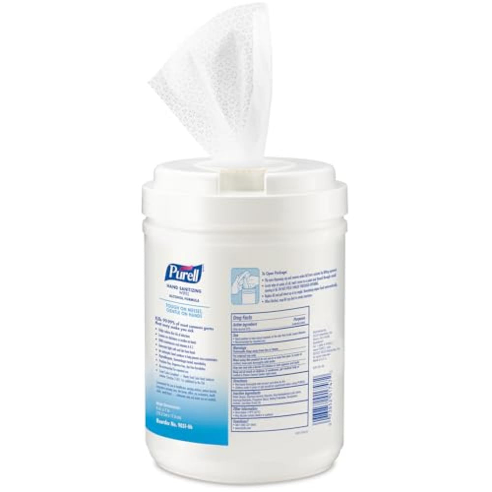 Purell fragrance-free alcohol wipes close-up for quick, skin-friendly germ defense.