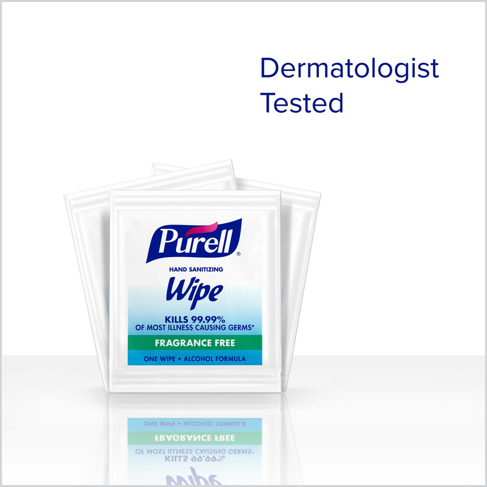 Pocket-friendly Purell wipes shown in a compact pack for bags.