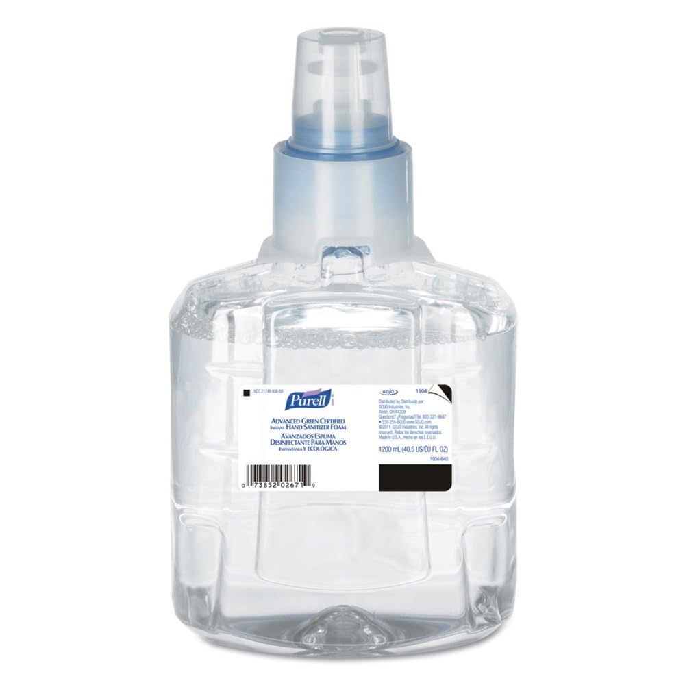 Purell LTX-12 foam refill container shows clear packaging for easy fill monitoring and eco-friendly design.