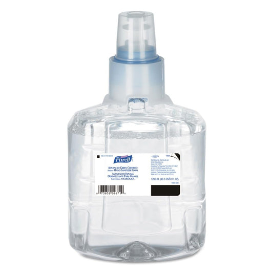 Purell LTX-12 foam refill container shows clear packaging for easy fill monitoring and eco-friendly design.