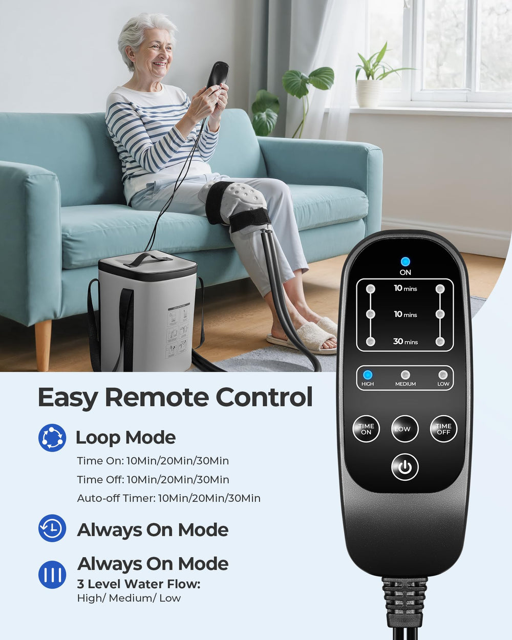 Purella cold therapy machine remote control enables easy, hands-free adjustments.
