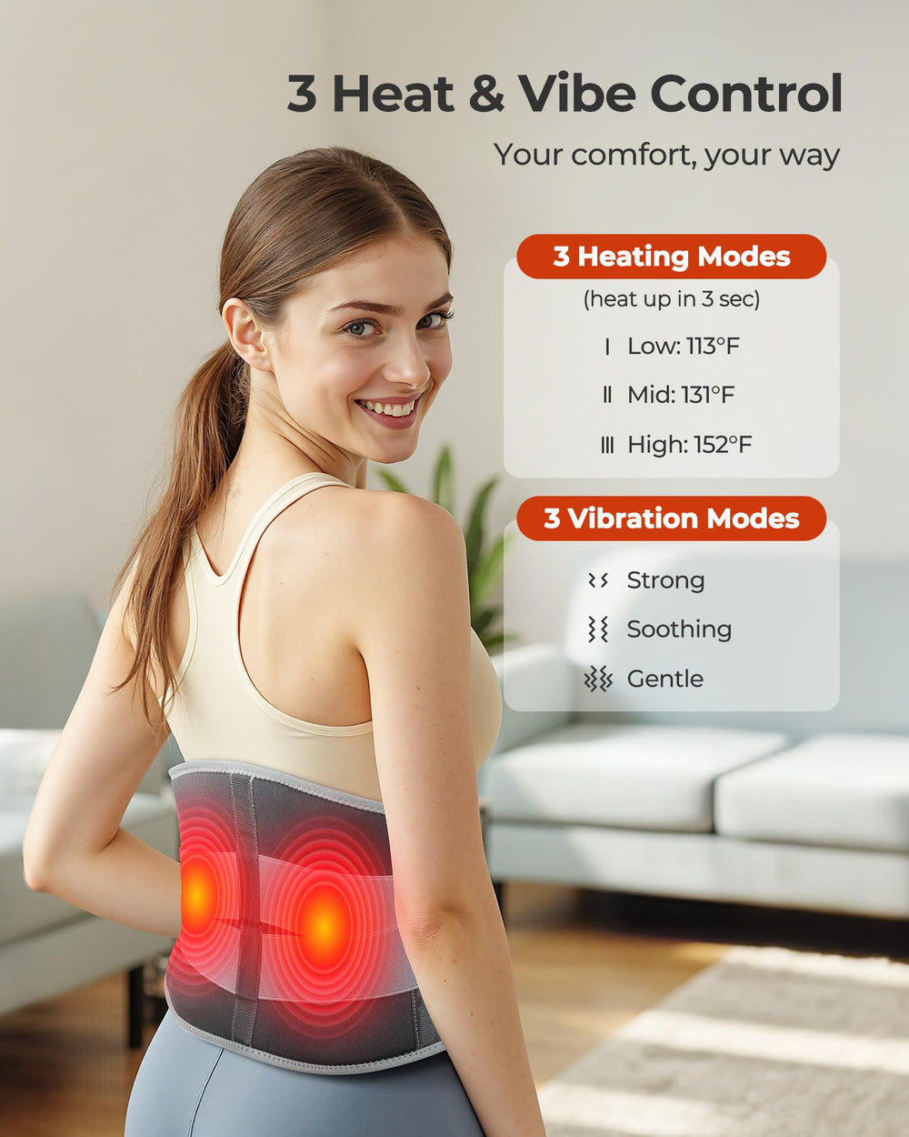 Purella cordless heating pad back strap demonstrates adjustable universal fit during movement.