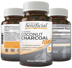 PURELY beneficial activated coconut charcoal bottle front supports digestion and bloating relief.