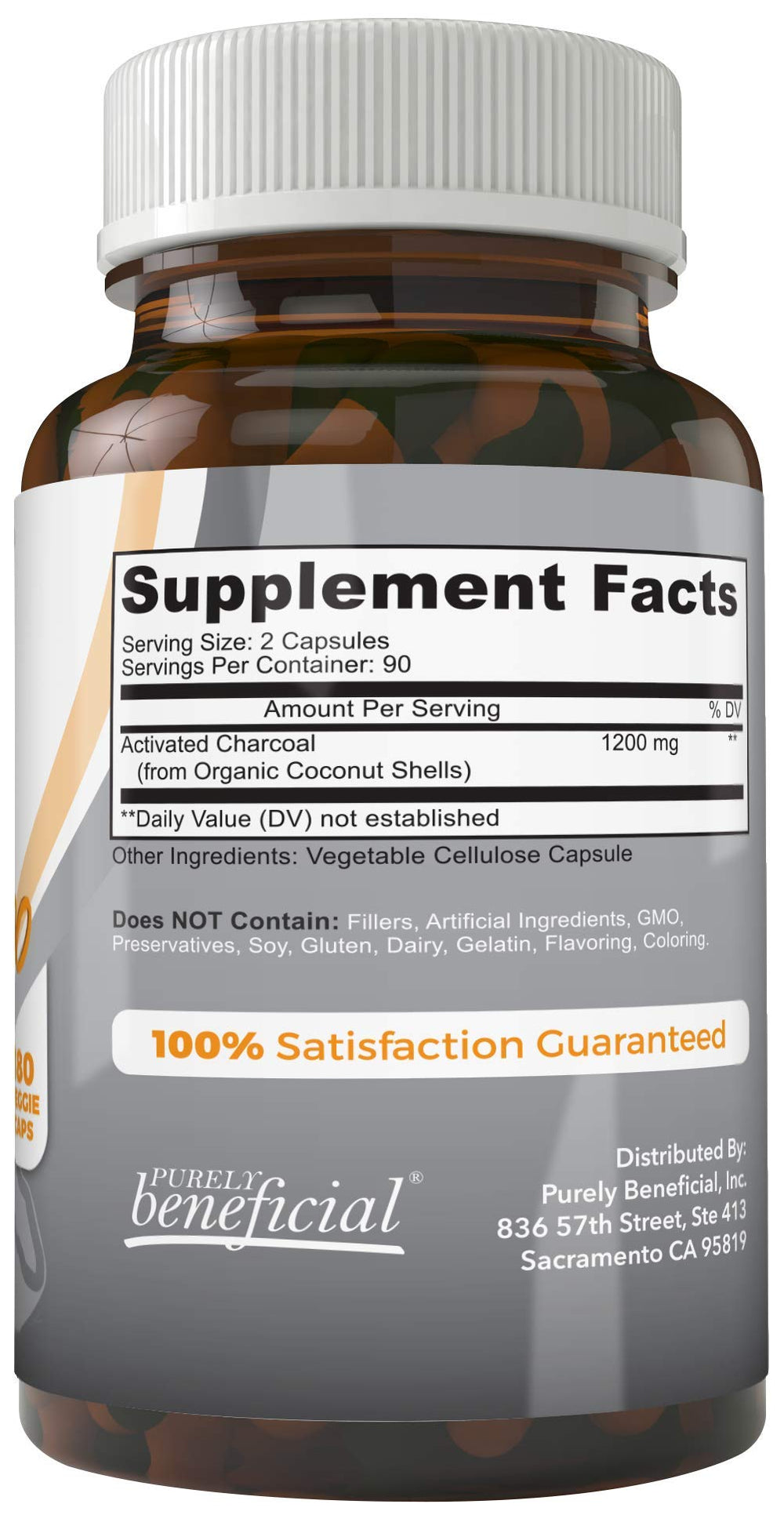 PURELY beneficial capsules closeup shows 1200mg charcoal capsules for gentle stomach comfort.