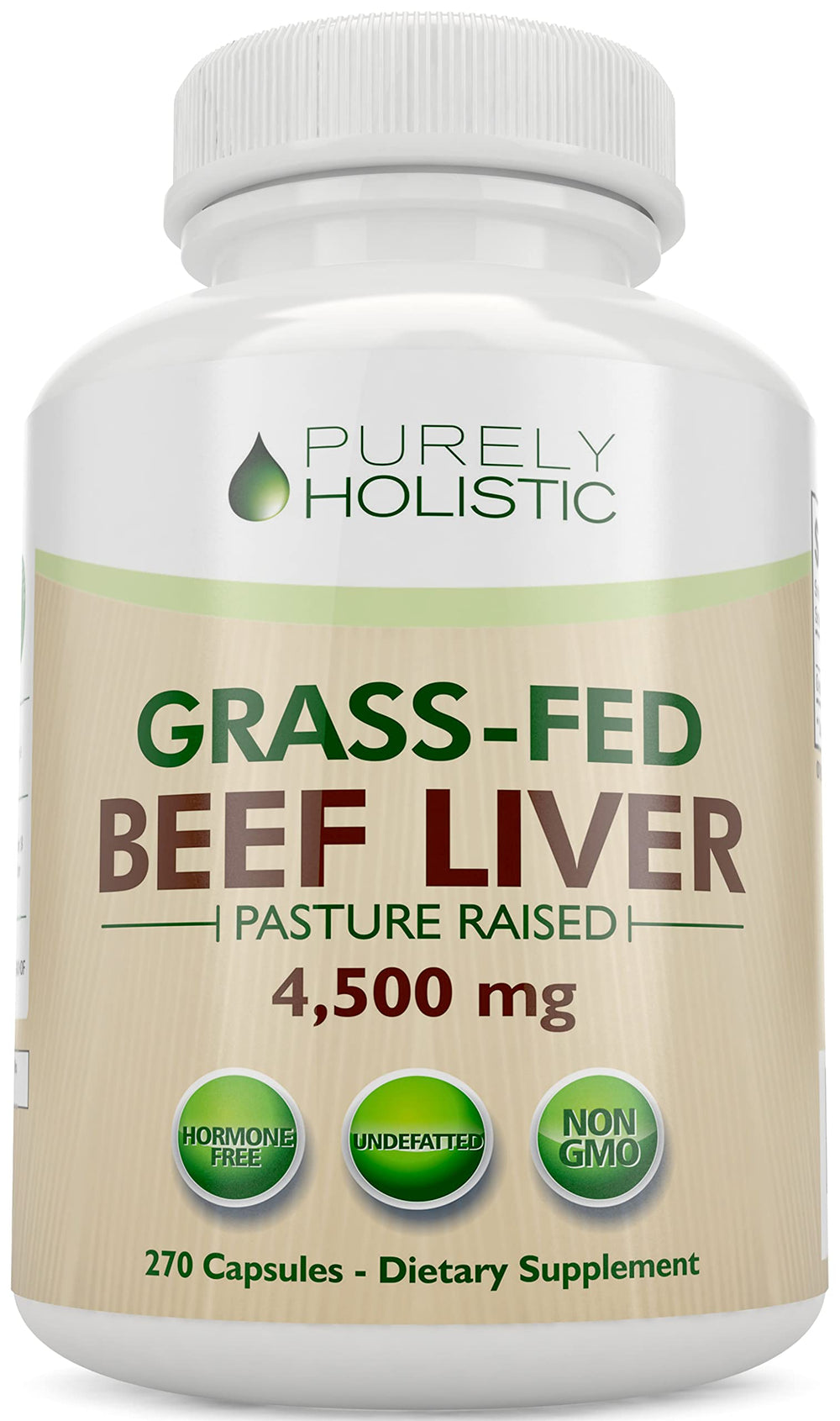 Purely Holistic grass-fed beef liver bottle front for daily nutrient support