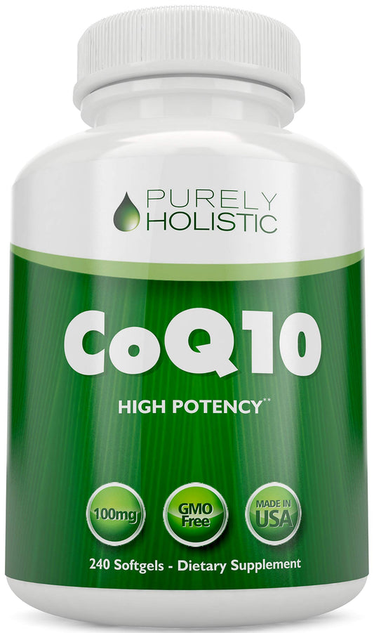 Purely Holistic CoQ10 100mg bottle for energy support.