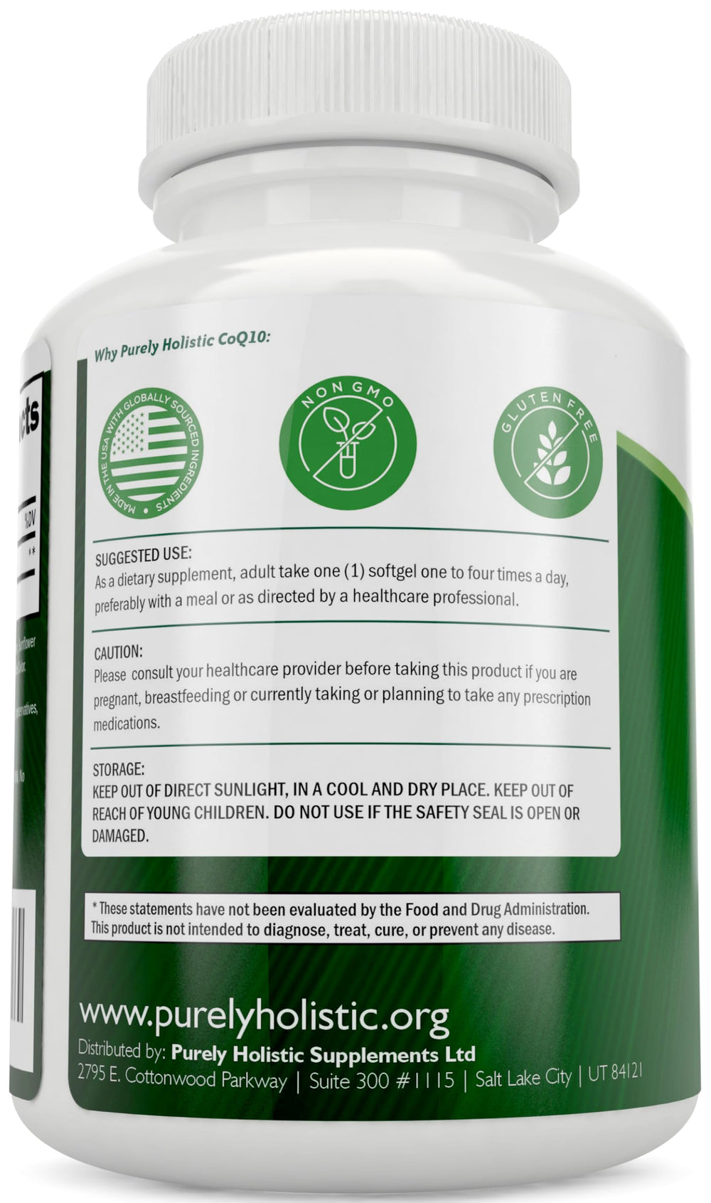 Purely Holistic CoQ10 non-GMO badge emphasizes clean ingredients.