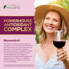 Purely Holistic Resveratrol supplement label highlights resveratrol and polyphenols.