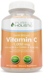 Purely Holistic Vitamin C bottle label highlighting 365 vegan capsules for a full year