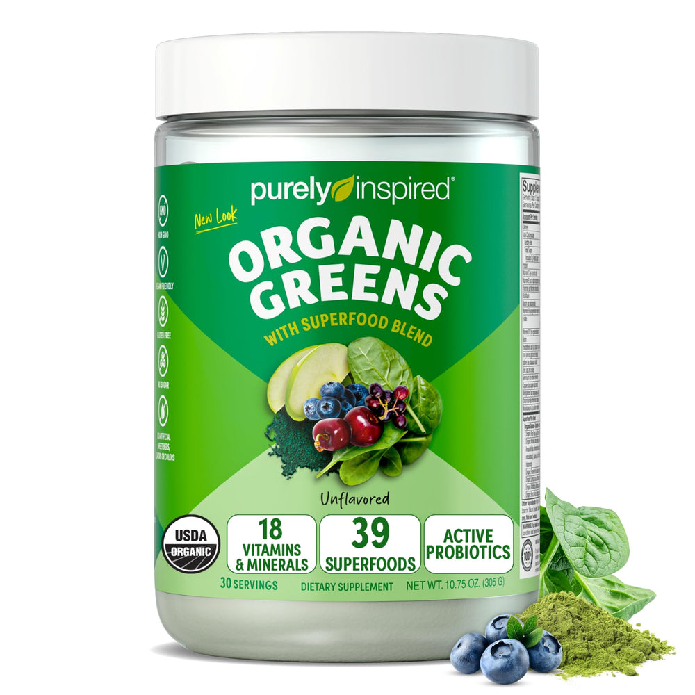 Purely Inspired Organic Greens powder bottle for easy daily nutrition support