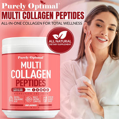 Purely Optimal collagen label close-up shows purity and multi-type blend for skin and hair support.