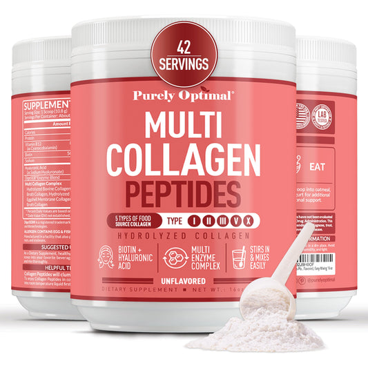 Purely Optimal collagen bottle on kitchen counter supports daily beauty routine.