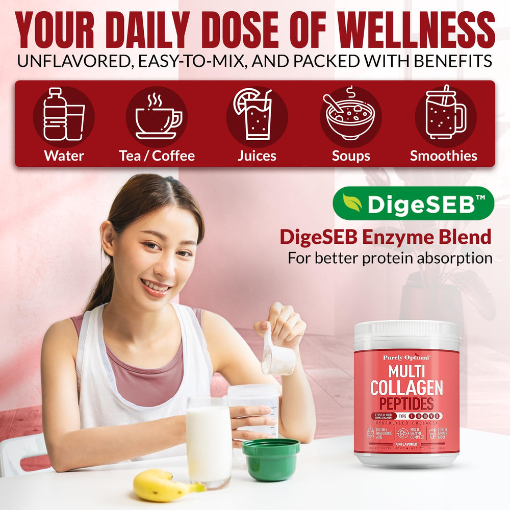 Smoothie glass featuring Purely Optimal collagen for glossy skin.