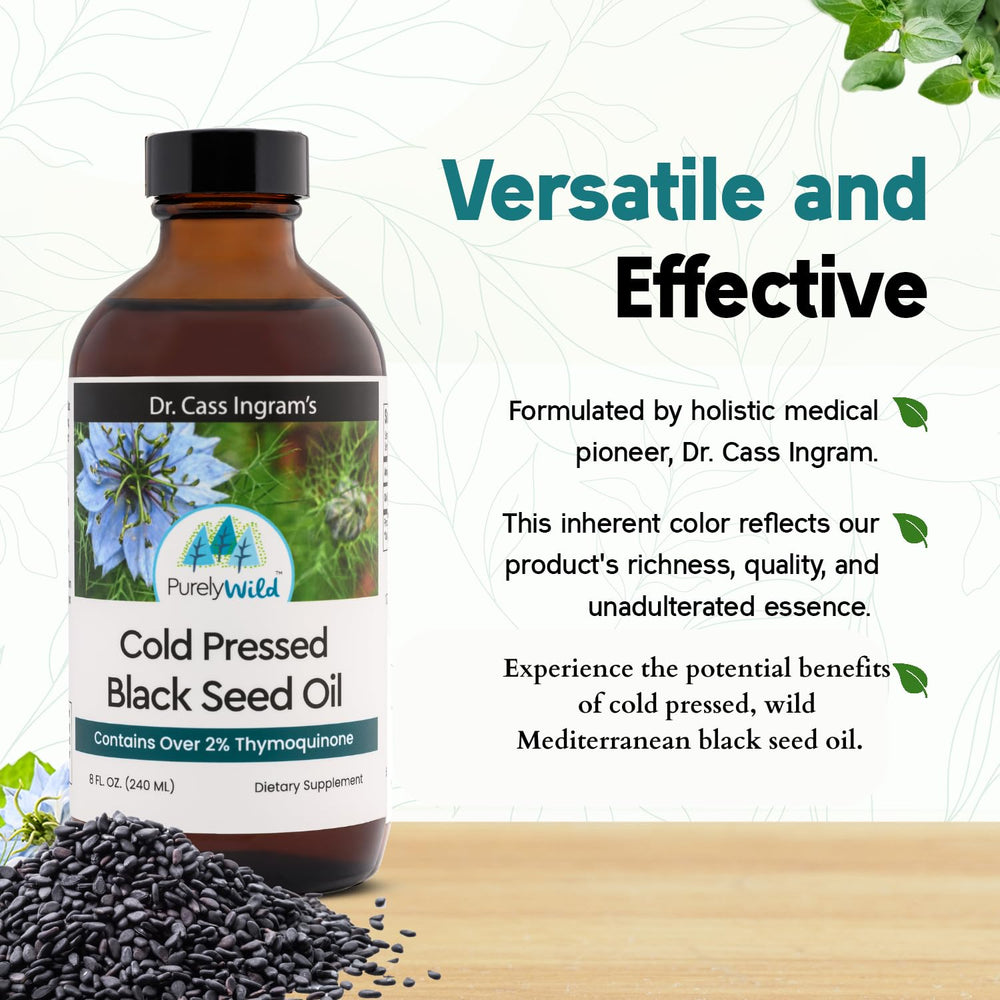Pouring Purely Wild Black Seed Oil into a smoothie or recipe.