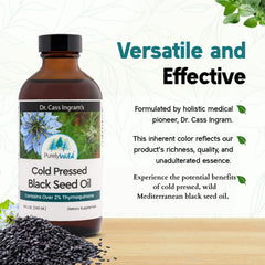 Pouring Purely Wild Black Seed Oil into a smoothie or recipe.