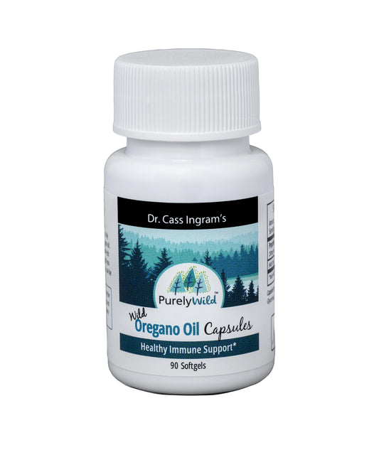Purely Wild Dr. Cass Ingram oregano oil gelcaps bottle, wild-harvested oregano for daily immune support.