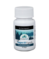 Purely Wild Dr. Cass Ingram oregano oil gelcaps bottle, wild-harvested oregano for daily immune support.