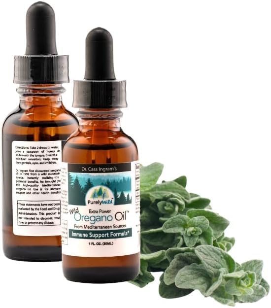 Purely Wild Oregano Oil bottle highlights Mediterranean formula for immune support.
