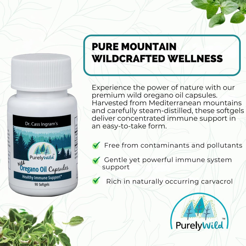 Purely Wild oregano oil gelcaps label closeup emphasizes non-GMO sourcing.
