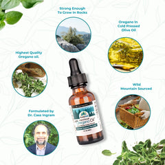 Purely Wild oregano oil bottle against Mediterranean mountains with natural harvest vibe.
