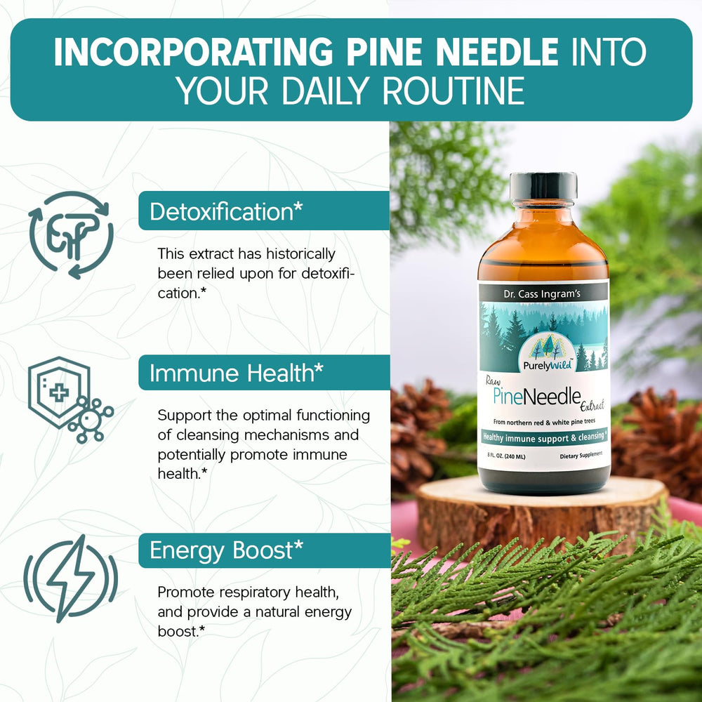 Purely Wild Pine Needle Extract label close-up with ingredients and sourcing
