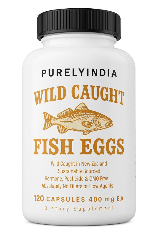 Purelyindia Wild-Caught Fish Eggs bottle shows omega-3 support for heart health and everyday vitality.