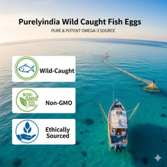 Purelyindia Wild-Caught Fish Eggs front packaging emphasizes product name and 2400mg omega-3 content.