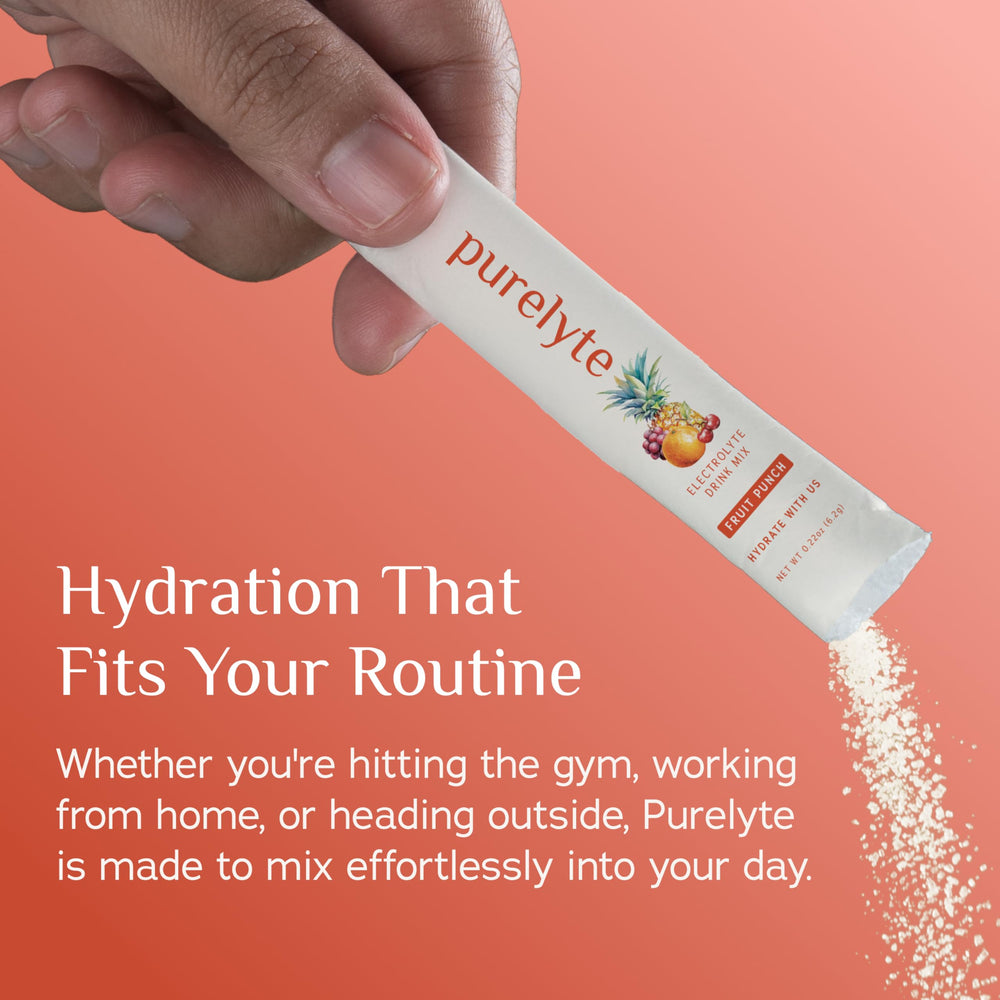 Purelyte on-the-go pouch scene emphasizes travel-friendly hydration