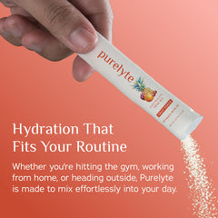 Purelyte on-the-go pouch scene emphasizes travel-friendly hydration