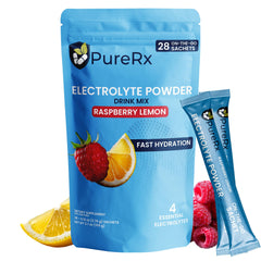 PureRx electrolyte sachets front view with raspberry lemon flavor for daily hydration