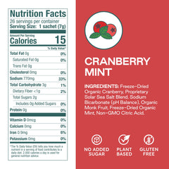 Purest Electrolyte cranberry-mint packets label close-up, organic ingredients highlighted.