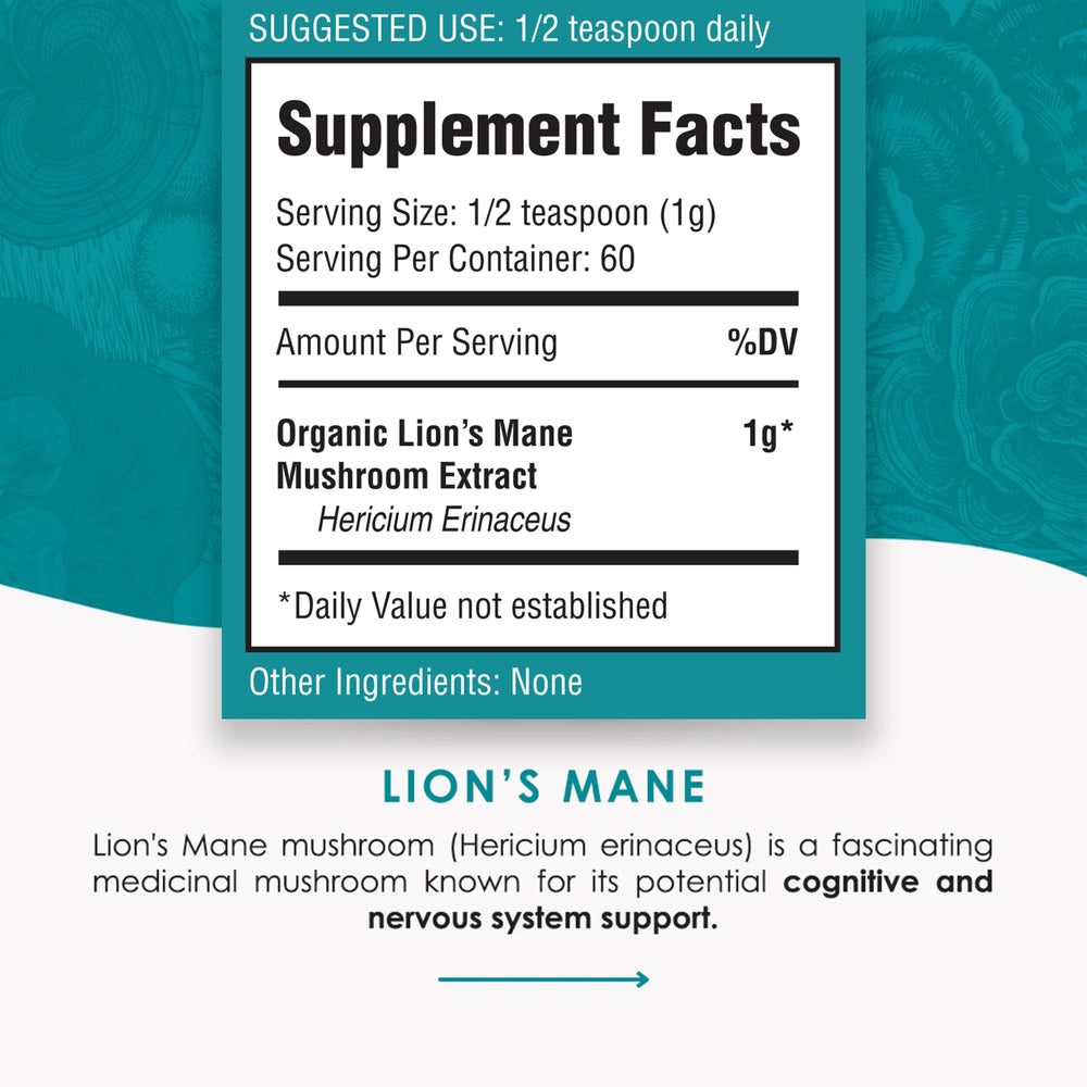 Close-up of Purest Mushrooms Lion’s Mane powder texture, an organic fine powder.