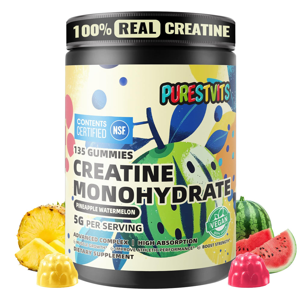 PURESTVITS creatine gummy 5g pineapple-watermelon bottle showcases refreshing flavor for workouts.