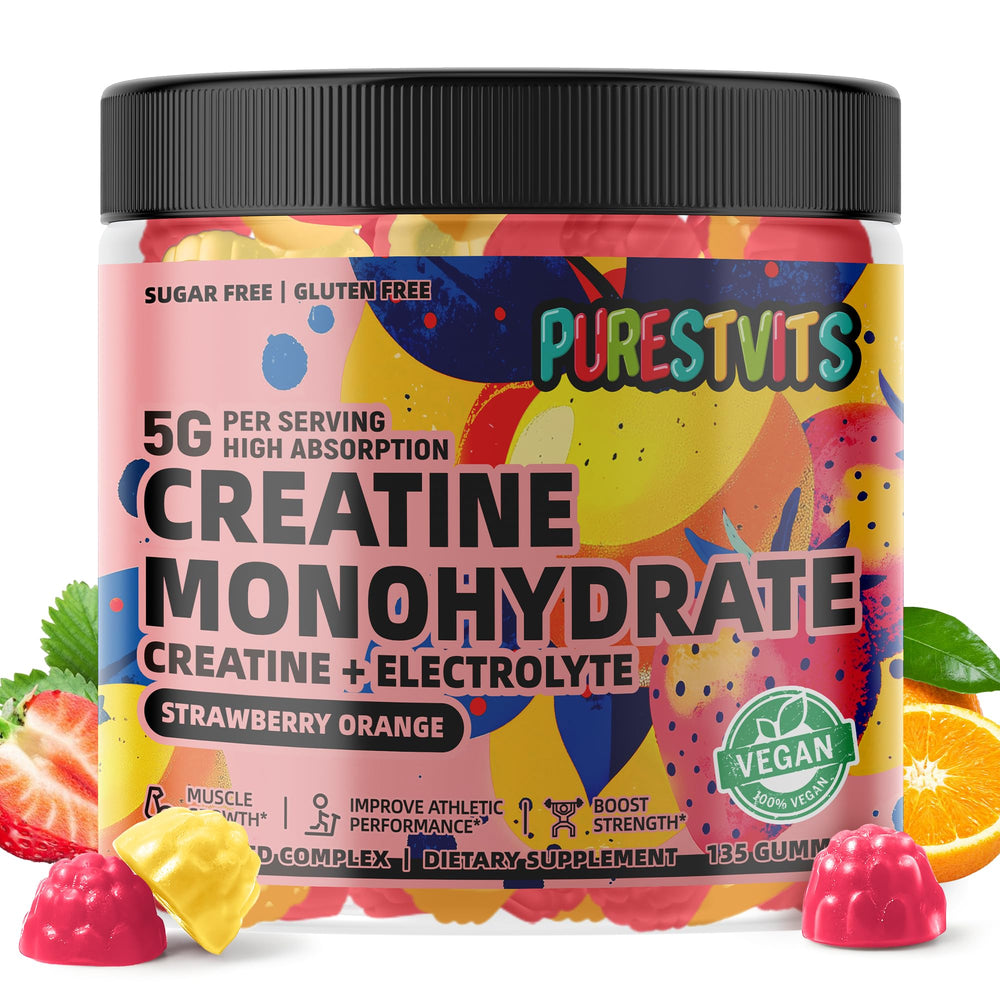 PURESTVITS creatine gummy bottle with 135-count packaging for convenient workouts.