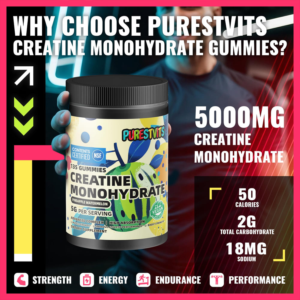 PURESTVITS creatine gummy label emphasizes GMP quality.