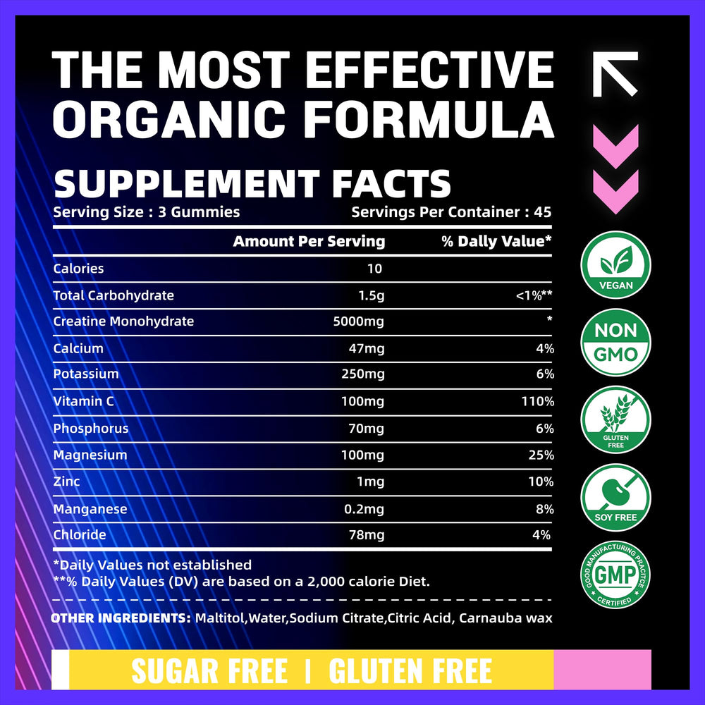 Serving of PURESTVITS Creatine Monohydrate Gummies shows 3 gummies per serving