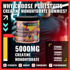 PURESTVITS creatine monohydrate gummies strawberry orange flavor ideal for pre-workout energy.