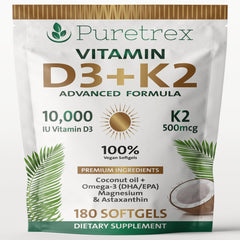 Puretrex bottle front with high potency vegan D3 plus K2 for daily wellness