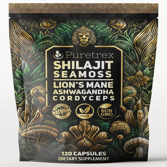 Puretrex Shilajit-Seamoss capsules bottle showing vegan energy support.