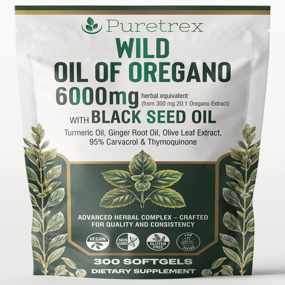 PURETREX Wild Oil of Oregano bottle highlighting potential immune support.