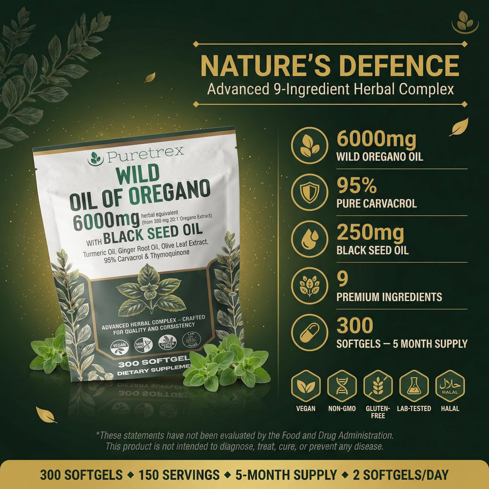 PURETREX Wild Oil of Oregano softgels pack for convenient daily supplementation.