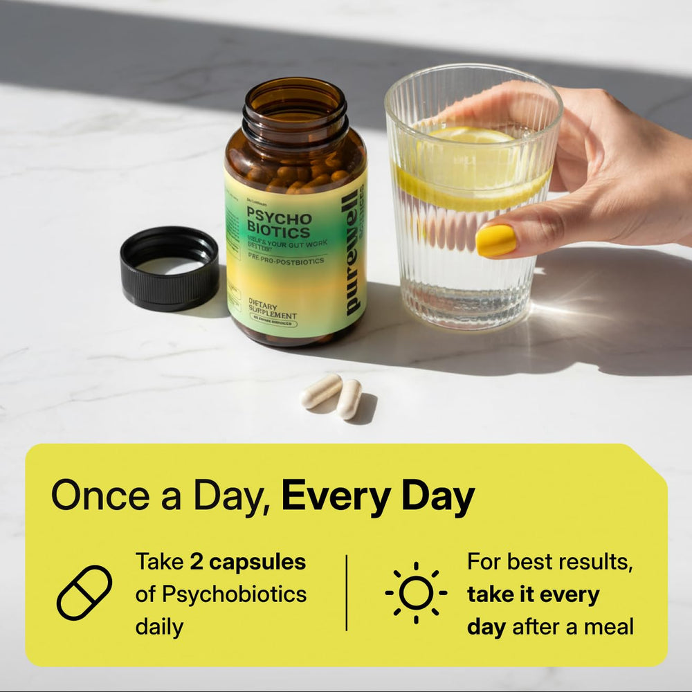 Purewell Sciences Psychobiotics packaging box with label communicates shelf-stable, travel-friendly probiotic access