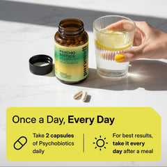 Purewell Sciences Psychobiotics packaging box with label communicates shelf-stable, travel-friendly probiotic access