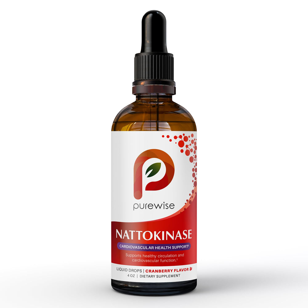PureWise nattokinase liquid bottle with cranberry flavor for convenient daily dosing.
