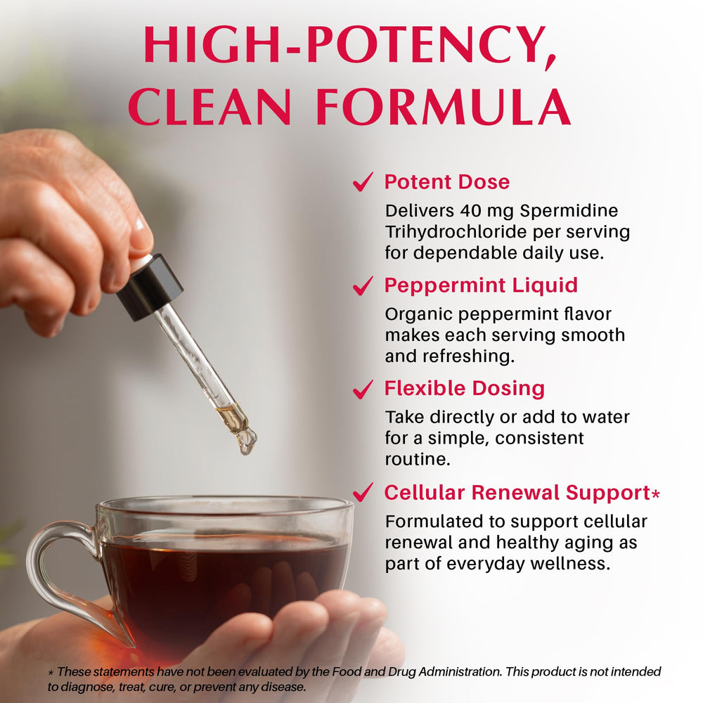 PureWise Spermidine Drops serving shot suggesting a flexible daily routine.