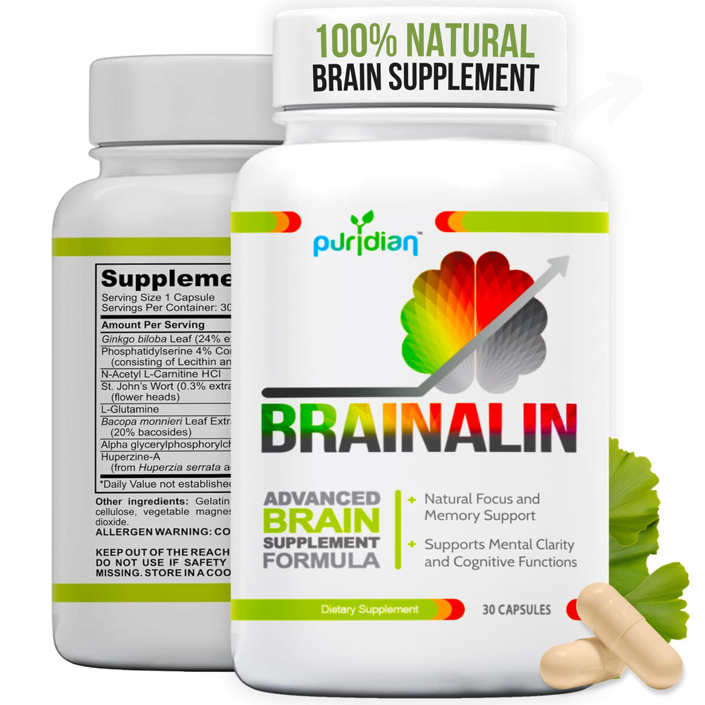 Puridian Brainalin bottle front view for daily focus support.