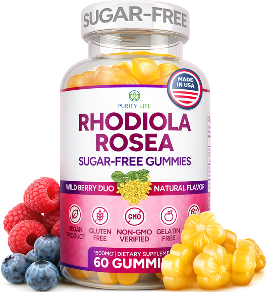 Purify Life Rhodiola gummies bottle for convenient daily balance.
