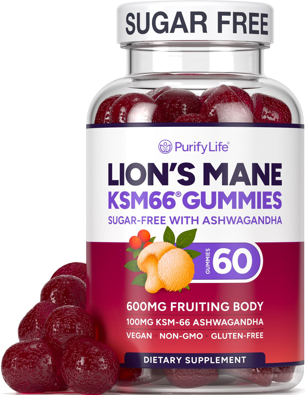 Purify Life sugar-free Lions Mane gummies bottle promotes convenient daily brain support