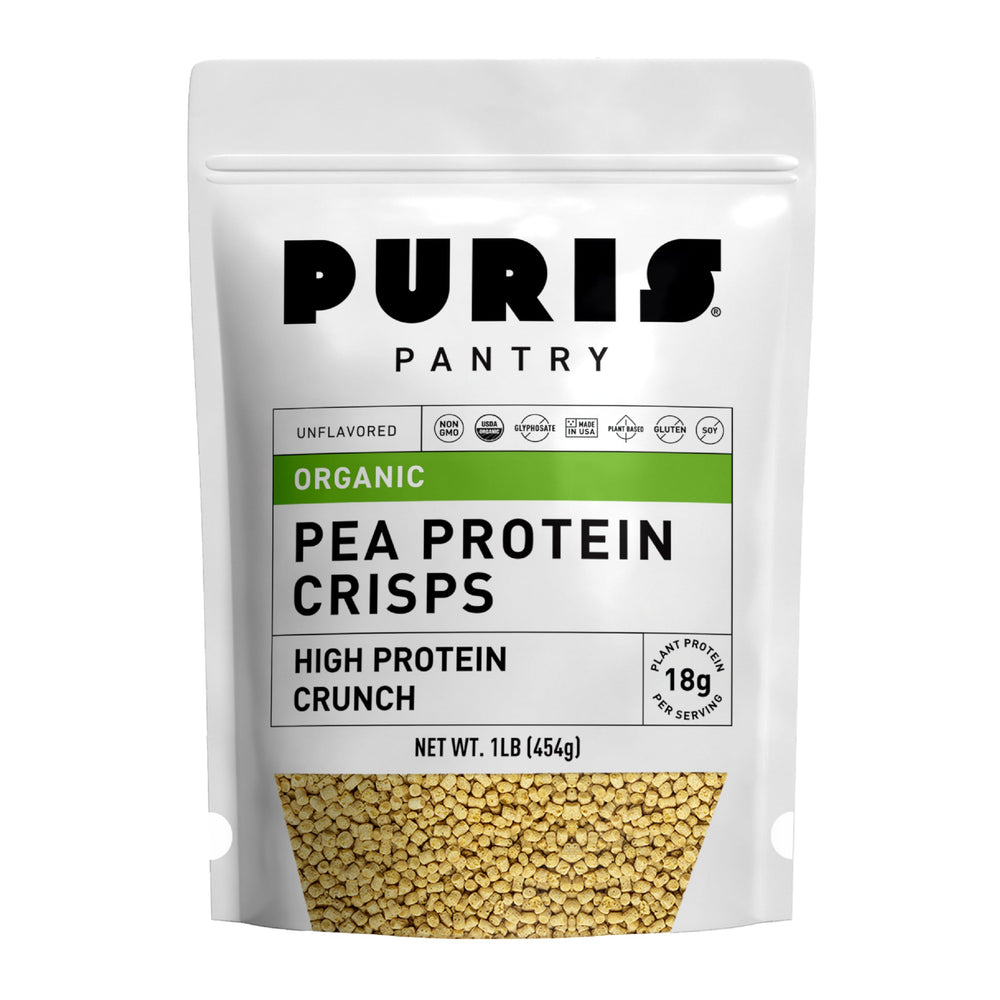 PURIS Organic Pea Protein Crisps packshot — high-protein snack option.