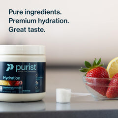 Purist electrolyte powder scoop and jar convey measurement precision and easy mixing.